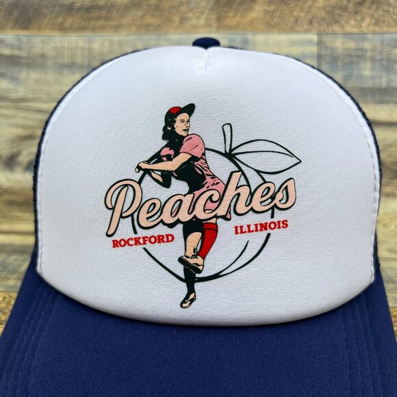 A League Of Their Own Unisex Trucker Hat Navy Rockford Peaches Illinois Ball Cap - Picture 3 of 5
